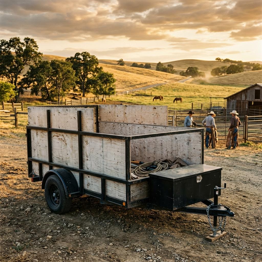 10 by 5 Bronco utility trailer with tall plywood sides on a Central Valley ranch