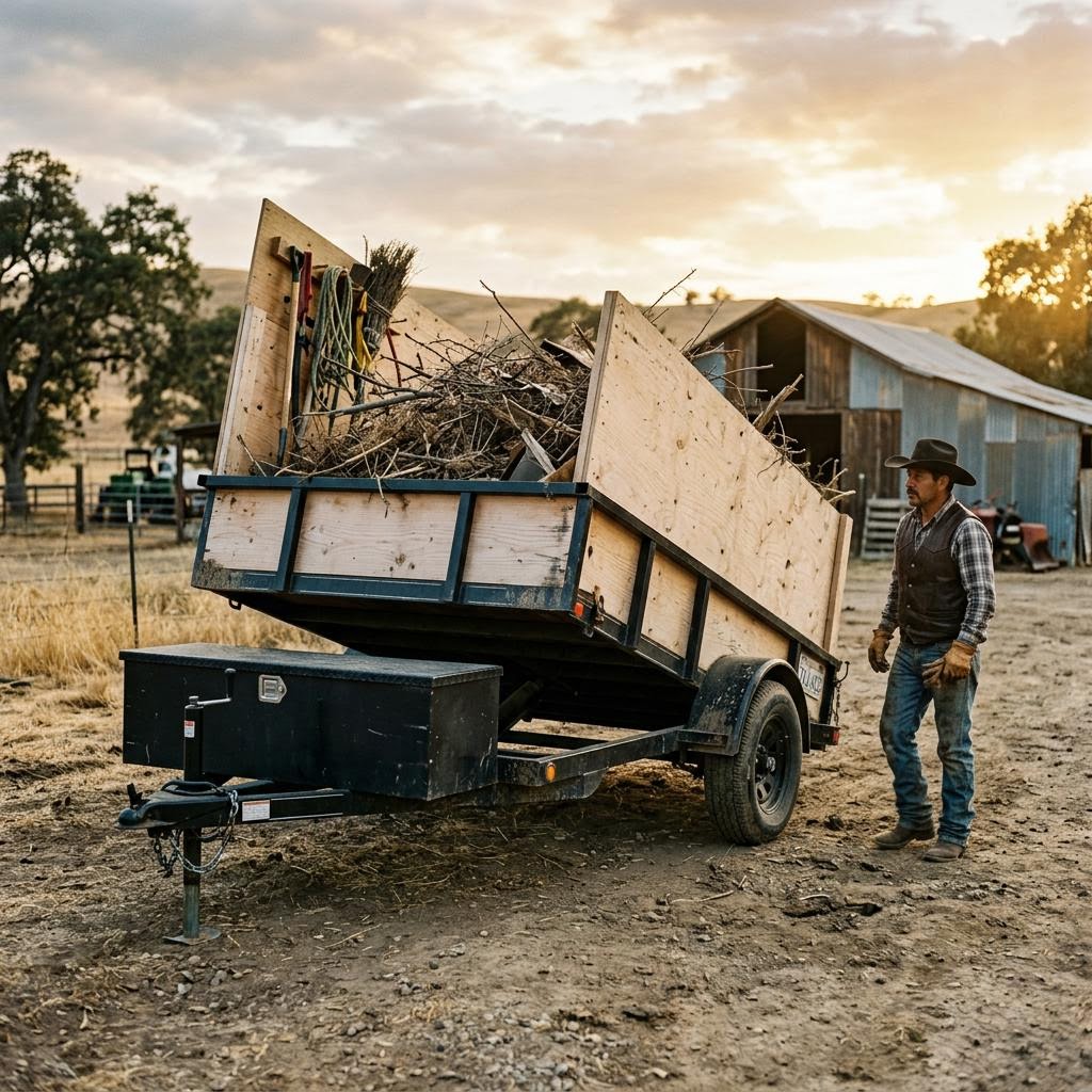 Bronco utility trailer with plywood sides carrying ranch debris in its raised manual-dump bed