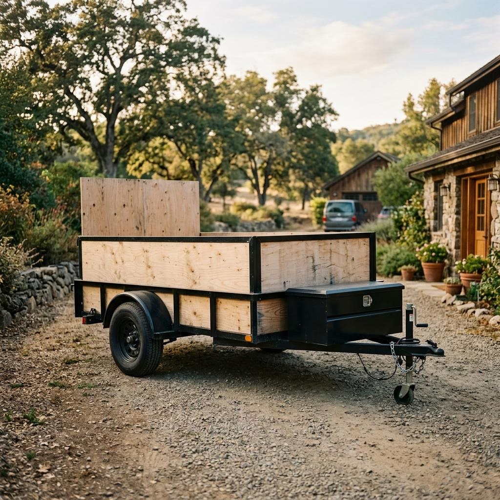 Single-axle Bronco utility trailer with black steel frame, plywood sides, and front storage box